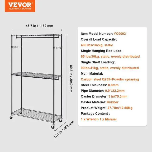 Alt view image 7 of 7 - VEVOR Heavy Duty Clothes Rack, Rolling Clothing Garment Rack with 3 Storage Tiers, 2 Rods and 2 Pairs Side Hooks, Adjustable Height Clothing Rack Closet for Hanging Clothes, 400 Lbs Load Capacity