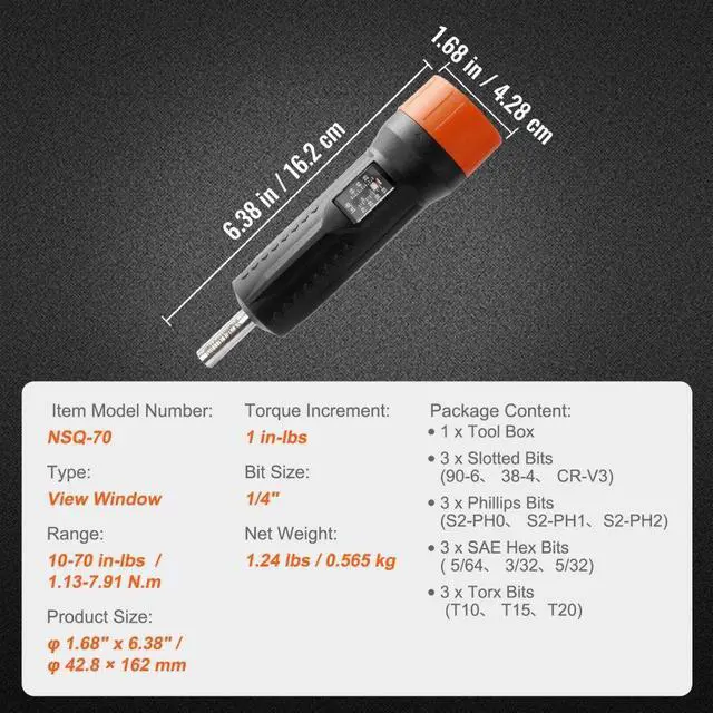 Alt view image 7 of 7 - VEVOR 1/4" Drive Torque Screwdriver Wrench Set | 10-70 in-lbs Torque Adjustment Range | 1 in-lb Increment Torque Screwdriver | Driver Bits Set with View Window, 12 Bits & Case, Magnetic Function