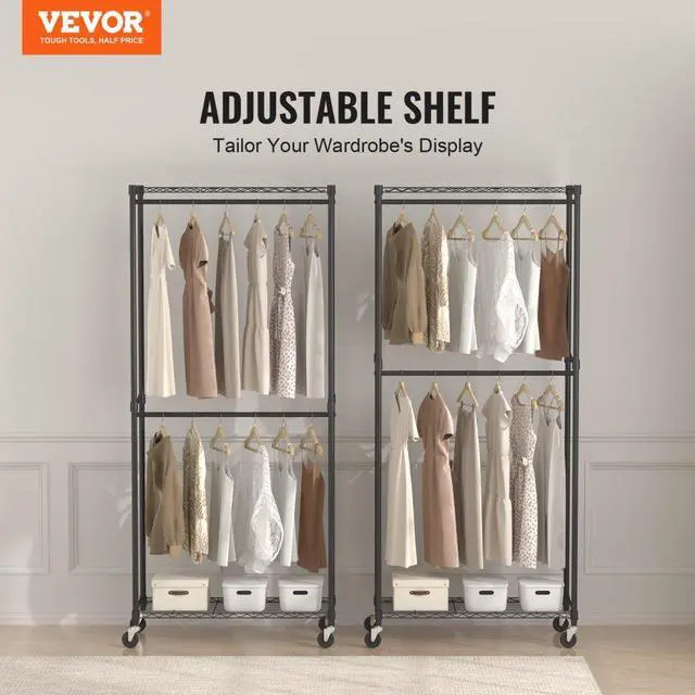 Alt view image 2 of 7 - VEVOR Heavy Duty Clothes Rack, Double Hanging Rods Clothing Garment Rack with Bottom and Top Storage Tier, Rolling Clothing Rack for Hanging Clothes, 1'' Diameter Thicken Steel Tube Hold Up to 300Lbs