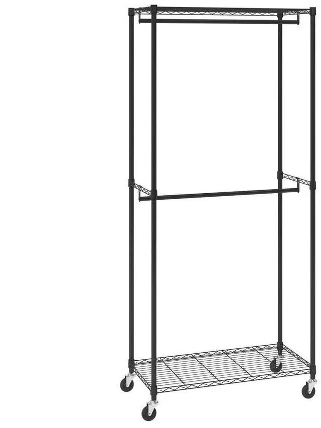 Main image of VEVOR Heavy Duty Clothes Rack, Double Hanging Rods Clothing Garment Rack with Bottom and Top Storage Tier, Rolling Clothing Rack for Hanging Clothes, 1'' Diameter Thicken Steel Tube Hold Up to 300Lbs