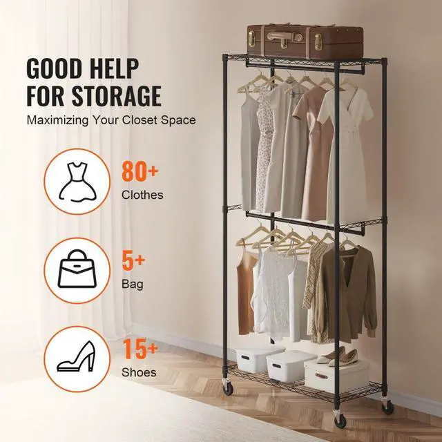 Alt view image 5 of 7 - VEVOR Heavy Duty Clothes Rack, Double Hanging Rods Clothing Garment Rack with Bottom and Top Storage Tier, Rolling Clothing Rack for Hanging Clothes, 1'' Diameter Thicken Steel Tube Hold Up to 300Lbs
