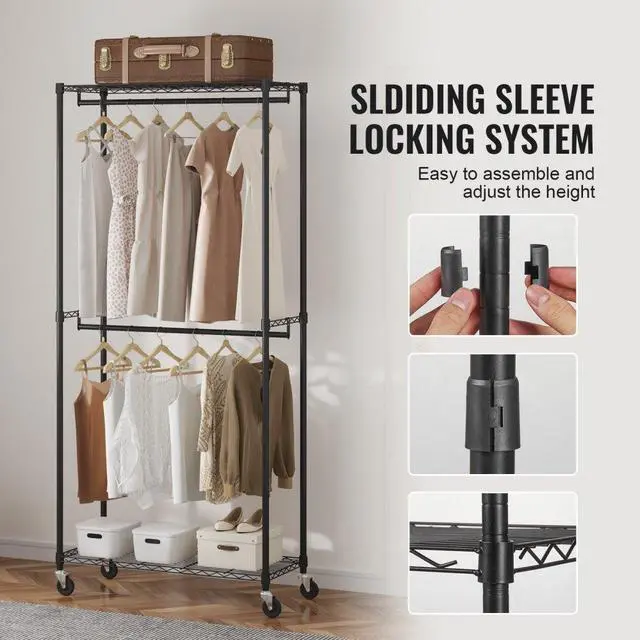 Alt view image 6 of 7 - VEVOR Heavy Duty Clothes Rack, Double Hanging Rods Clothing Garment Rack with Bottom and Top Storage Tier, Rolling Clothing Rack for Hanging Clothes, 1'' Diameter Thicken Steel Tube Hold Up to 300Lbs