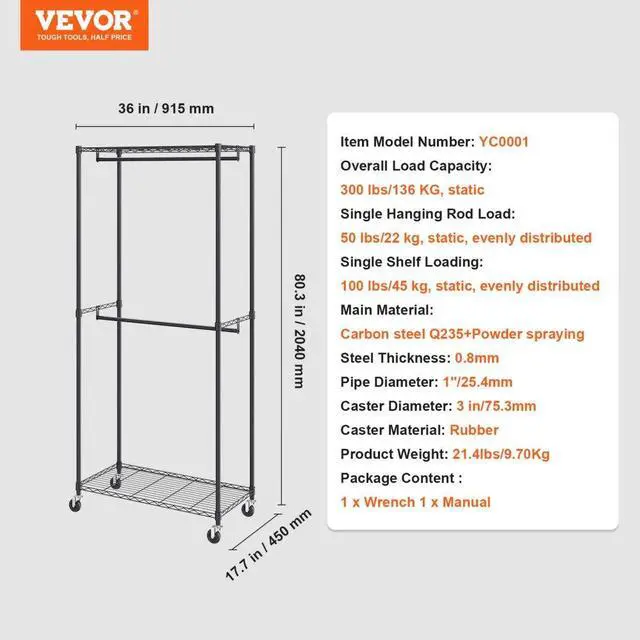Alt view image 7 of 7 - VEVOR Heavy Duty Clothes Rack, Double Hanging Rods Clothing Garment Rack with Bottom and Top Storage Tier, Rolling Clothing Rack for Hanging Clothes, 1'' Diameter Thicken Steel Tube Hold Up to 300Lbs