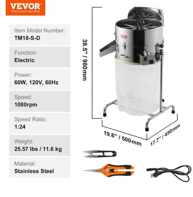 Alt view image 7 of 7 - VEVOR Electric Bud Trimmer, 18'' Electric Leaf Trimmer Machine with 60W Adjustable Speed, Tillable Trimmer with Stainless-Steel Blades, Bud Leaf Trimmer Mesh Bag & Hand Pruner Included for Leaves, Bud