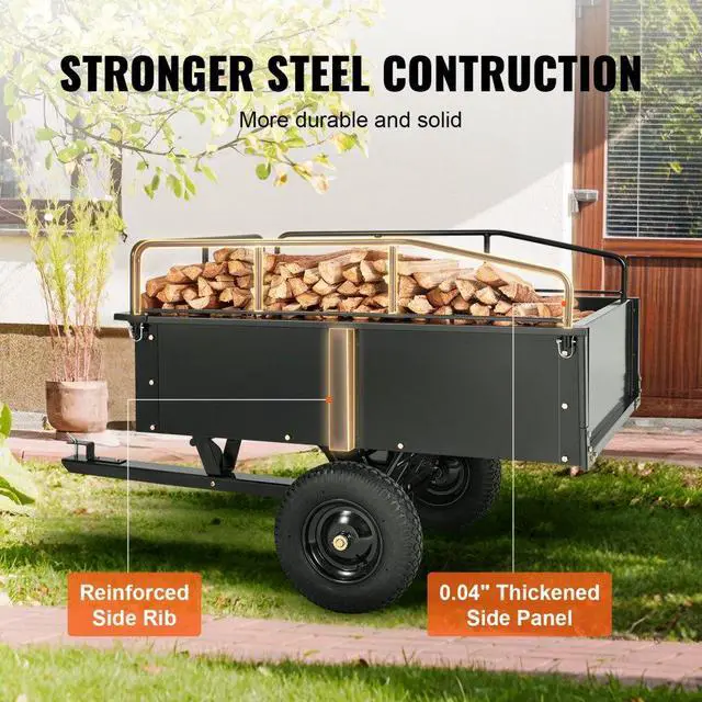 Alt view image 3 of 7 - VEVOR Heavy Duty ATV Trailer Steel Dump Cart, 750-Pound 15 Cubic Feet, Garden Utility Trailer with Removable Sides for Riding Lawn Mower Tractor