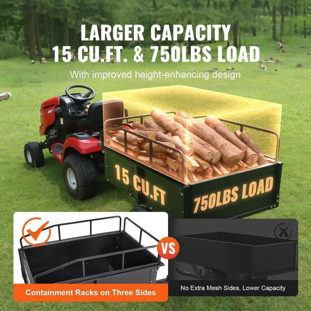 Alt view image 4 of 7 - VEVOR Heavy Duty ATV Trailer Steel Dump Cart, 750-Pound 15 Cubic Feet, Garden Utility Trailer with Removable Sides for Riding Lawn Mower Tractor