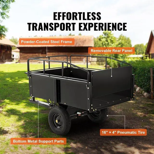 Alt view image 6 of 7 - VEVOR Heavy Duty ATV Trailer Steel Dump Cart, 750-Pound 15 Cubic Feet, Garden Utility Trailer with Removable Sides for Riding Lawn Mower Tractor
