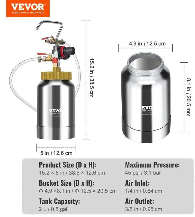 Alt view image 7 of 7 - VEVOR 2L/0.5gal Spray Paint Pressure Pot Tank, Lightweight Air Paint Pressure Pot, 1.8mm Nozzle Spray Paint Gun 3m Hoses for Home Decoration Architecture Construction Automotive Painting, 45PSI Max