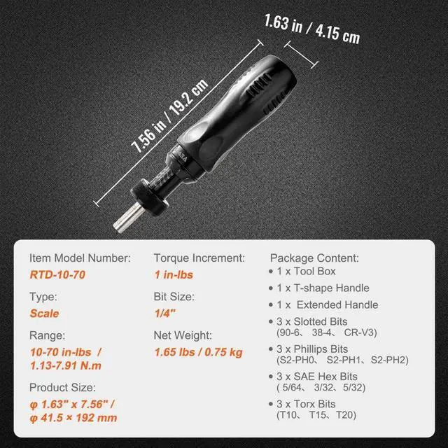 Alt view image 7 of 7 - VEVOR Torque Screwdriver, 1/4" Drive Screwdriver Torque Wrench, Electrician Torque Screwdriver with Scale, 10-70 in/lbs Torque Range, 1 in-lbs Torque Increment Torque Screwdriver with Bits & Case