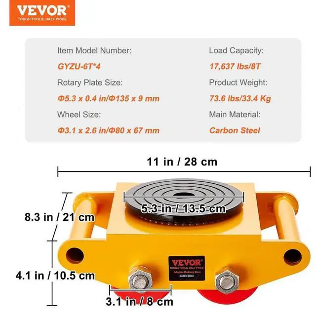Alt view image 7 of 14 - VEVOR 4PCS Machinery Skate Dolly, 17637 LBS/8T Industrial Machinery Mover, Heavy Duty Carbon Steel Machinery Moving Skate with 4 PU Wheels and 360° Rotation Non-Slip Cap for Warehouse, Workshop, Facto