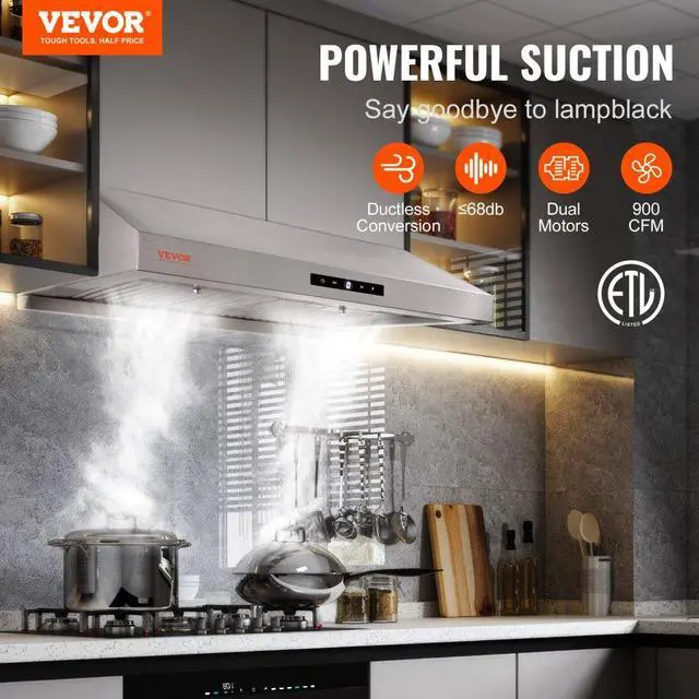 Alt view image 2 of 7 - VEVOR Under Cabinet Range Hood, Dual Motors Ductless Kitchen Stove Vent, Stainless Steel Permanent Filter with 3-Speed Exhaust Fan, 2 Baffle Filters, LED Lights, Touch Control Panel, Silver (30 inch)