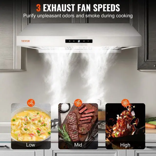 Alt view image 4 of 7 - VEVOR Under Cabinet Range Hood, Dual Motors Ductless Kitchen Stove Vent, Stainless Steel Permanent Filter with 3-Speed Exhaust Fan, 2 Baffle Filters, LED Lights, Touch Control Panel, Silver (30 inch)