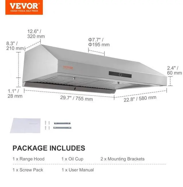 Alt view image 7 of 7 - VEVOR Under Cabinet Range Hood, Dual Motors Ductless Kitchen Stove Vent, Stainless Steel Permanent Filter with 3-Speed Exhaust Fan, 2 Baffle Filters, LED Lights, Touch Control Panel, Silver (30 inch)