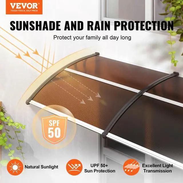 Alt view image 2 of 7 - VEVOR Window Door Awning Canopy 80" x 40", UPF 50+ Polycarbonate Entry Door Outdoor Window Awning Exterior, Front Door Overhang Awning for Sun Shutter, UV, Rain, Snow Protection, Hollow Sheet
