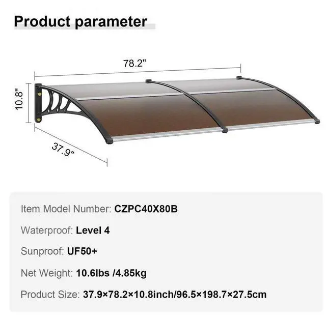 Alt view image 7 of 7 - VEVOR Window Door Awning Canopy 80" x 40", UPF 50+ Polycarbonate Entry Door Outdoor Window Awning Exterior, Front Door Overhang Awning for Sun Shutter, UV, Rain, Snow Protection, Hollow Sheet