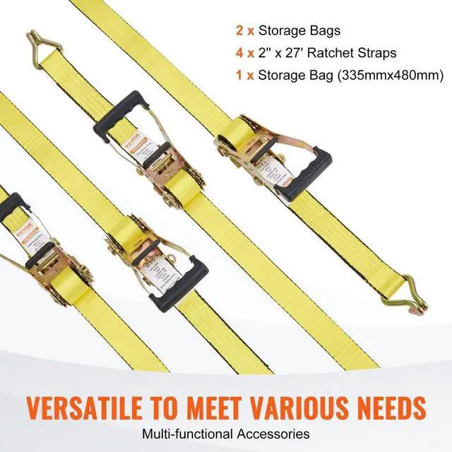 Alt view image 5 of 7 - VEVOR Ratchet Tie Down Straps (4PK), 10000 lb Break Strength, Double J Hook Includes 4 Premium 2" x 27' Rachet Tie Downs with Padded Handles, for Moving Securing Cargo, Appliances, Lawn Equipment