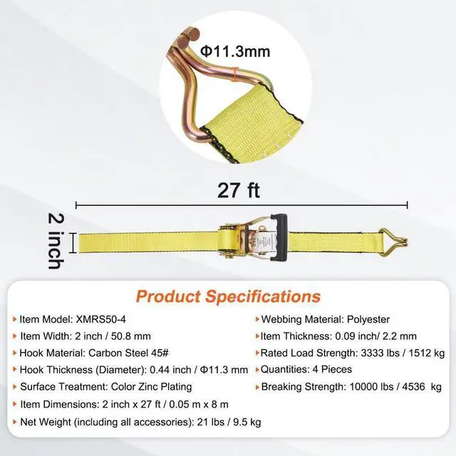 Alt view image 7 of 7 - VEVOR Ratchet Tie Down Straps (4PK), 10000 lb Break Strength, Double J Hook Includes 4 Premium 2" x 27' Rachet Tie Downs with Padded Handles, for Moving Securing Cargo, Appliances, Lawn Equipment