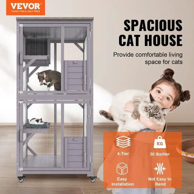 Alt view image 2 of 7 - VEVOR Cat House Outdoor, 3-Tier Large Catio, Cat Enclosure with 360° Rotating Casters, 2 Platforms, A Resting Box and Large Front Door, 29.9 x 34 x 64.1 inch