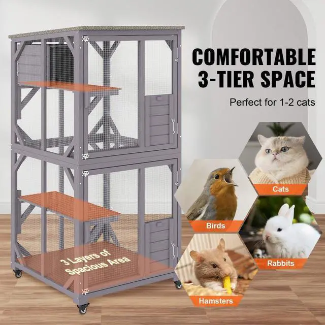 Alt view image 3 of 7 - VEVOR Cat House Outdoor, 3-Tier Large Catio, Cat Enclosure with 360° Rotating Casters, 2 Platforms, A Resting Box and Large Front Door, 29.9 x 34 x 64.1 inch
