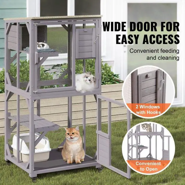 Alt view image 4 of 7 - VEVOR Cat House Outdoor, 3-Tier Large Catio, Cat Enclosure with 360° Rotating Casters, 2 Platforms, A Resting Box and Large Front Door, 29.9 x 34 x 64.1 inch