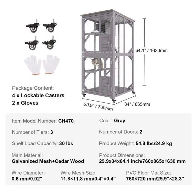 Alt view image 7 of 7 - VEVOR Cat House Outdoor, 3-Tier Large Catio, Cat Enclosure with 360° Rotating Casters, 2 Platforms, A Resting Box and Large Front Door, 29.9 x 34 x 64.1 inch