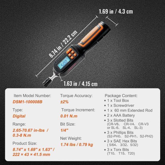 Alt view image 7 of 7 - VEVOR Digital Torque Screwdriver, 1/4" Drive Screwdriver Torque Wrench, Electrician Torque Screwdriver with LCD, 2.65-70.67 in-lbs Torque Range, 0.01 N.m Increment Torque Screwdriver with Bits & Case