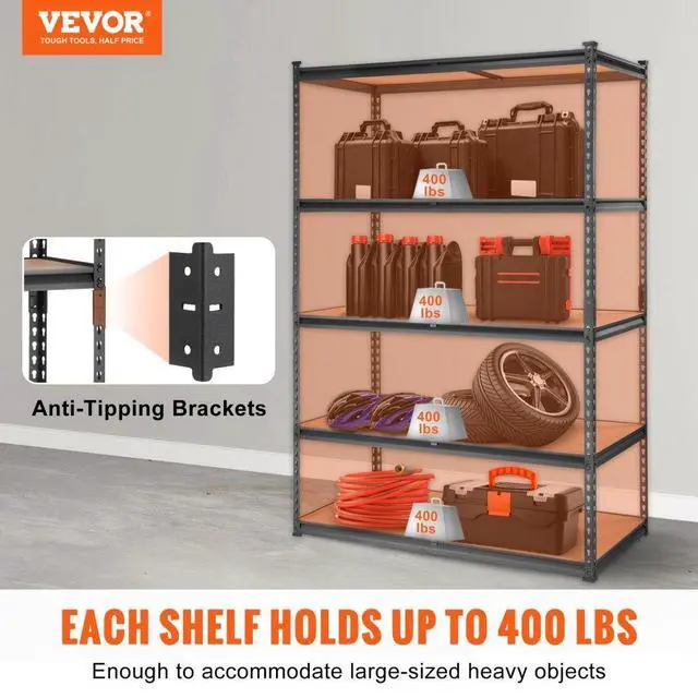 Alt view image 2 of 7 - VEVOR Storage Shelving Unit, 5-Tier Adjustable, 2000 lbs Capacity, Heavy Duty Garage Shelves Metal Organizer Utility Rack, Black, 48" L x 24" W x 72" H for Kitchen Pantry Basement Bathroom Laundry