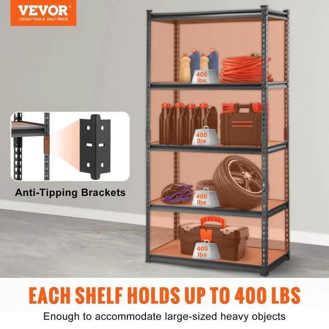 Alt view image 2 of 7 - VEVOR Storage Shelving Unit, 5-Tier Adjustable, 2000 lbs Capacity, Heavy Duty Garage Shelves Metal Organizer Utility Rack, Black, 36" L x 18" W x 72" H for Kitchen Pantry Basement Bathroom Laundry