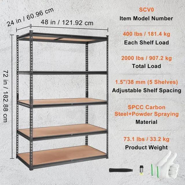 Alt view image 7 of 7 - VEVOR Storage Shelving Unit, 5-Tier Adjustable, 2000 lbs Capacity, Heavy Duty Garage Shelves Metal Organizer Utility Rack, Black, 48" L x 24" W x 72" H for Kitchen Pantry Basement Bathroom Laundry
