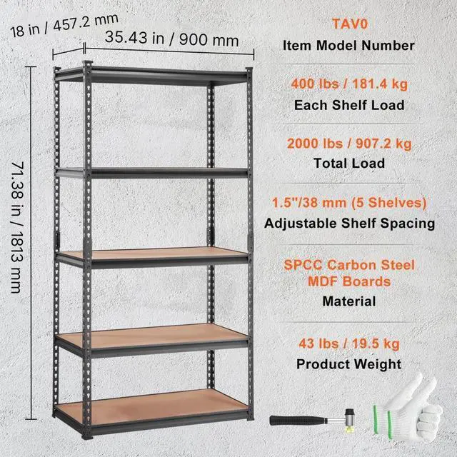 Alt view image 7 of 7 - VEVOR Storage Shelving Unit, 5-Tier Adjustable, 2000 lbs Capacity, Heavy Duty Garage Shelves Metal Organizer Utility Rack, Black, 36" L x 18" W x 72" H for Kitchen Pantry Basement Bathroom Laundry