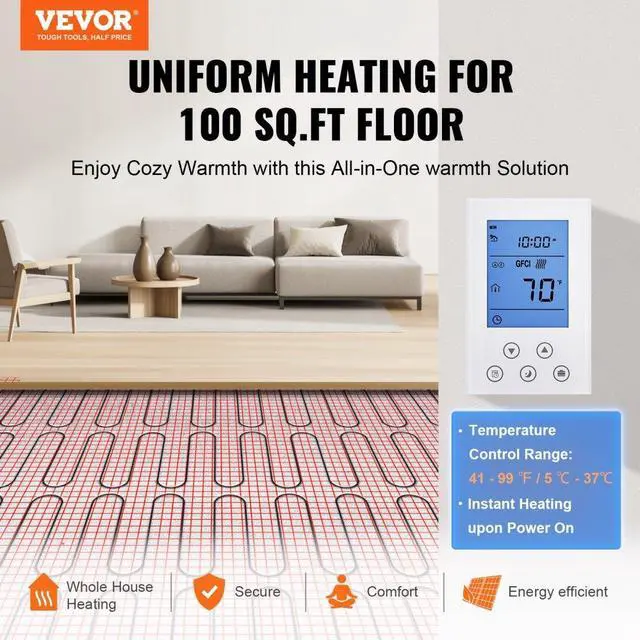 Alt view image 2 of 7 - VEVOR Floor Heating Mat, 100 Sq. ft, Electric Radiant In-Floor Heated Warm System with Digital Floor Sensing Thermostat, Includes Installation Monitor, Adhesive Back for Easy Installation on The Floor
