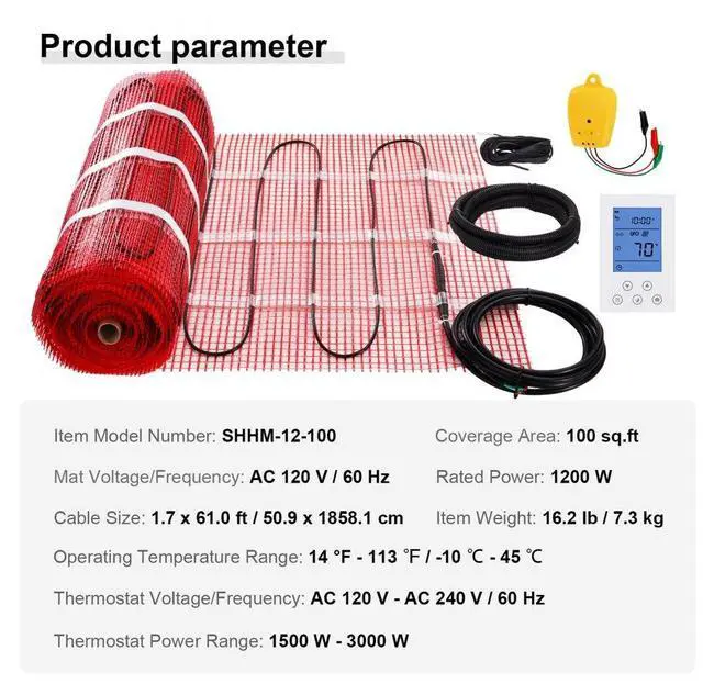Alt view image 7 of 7 - VEVOR Floor Heating Mat, 100 Sq. ft, Electric Radiant In-Floor Heated Warm System with Digital Floor Sensing Thermostat, Includes Installation Monitor, Adhesive Back for Easy Installation on The Floor