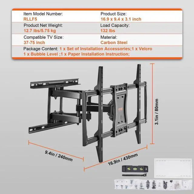 Alt view image 7 of 7 - VEVOR Full Motion TV Mount Fits for Most 37-75 inch TVs, Swivel Tilt Horizontal Adjustment TV Wall Mount Bracket with 4 Articulating Arms, Max VESA 600x400mm, Holds up to 132 lbs