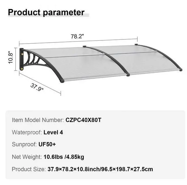 Alt view image 7 of 7 - VEVOR Window Door Awning Canopy 40" x 80", UPF 50+ Polycarbonate Entry Door Outdoor Window Awning Exterior, Front Door Overhang Awning for Sun Shutter, UV, Rain, Snow Protection, Hollow Sheet