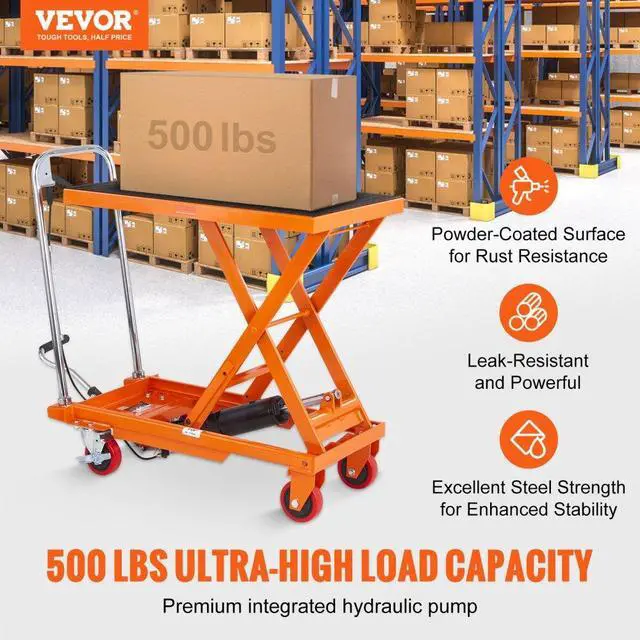 Alt view image 2 of 7 - VEVOR Hydraulic Lift Table Cart, 500lbs Capacity 28.5" Lifting Height, Manual Single Scissor Lift Table with 4 Wheels and Non-slip Pad, Hydraulic Scissor Cart for Material Handling, Orange