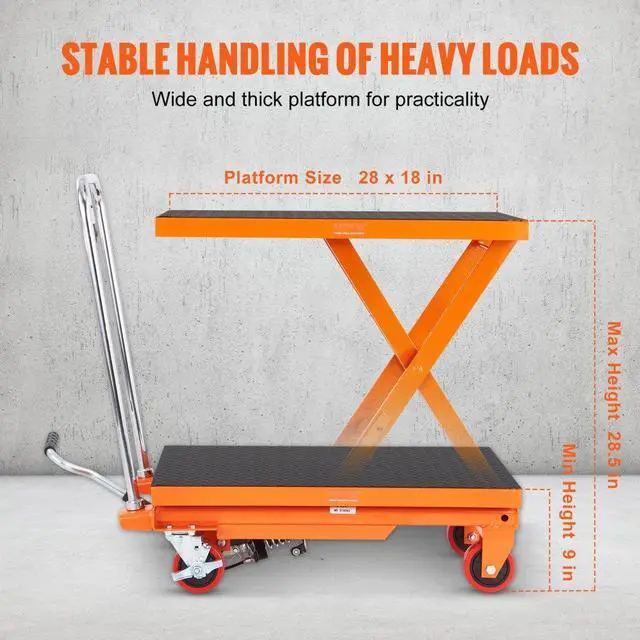 Alt view image 3 of 7 - VEVOR Hydraulic Lift Table Cart, 500lbs Capacity 28.5" Lifting Height, Manual Single Scissor Lift Table with 4 Wheels and Non-slip Pad, Hydraulic Scissor Cart for Material Handling, Orange
