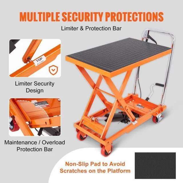 Alt view image 5 of 7 - VEVOR Hydraulic Lift Table Cart, 500lbs Capacity 28.5" Lifting Height, Manual Single Scissor Lift Table with 4 Wheels and Non-slip Pad, Hydraulic Scissor Cart for Material Handling, Orange