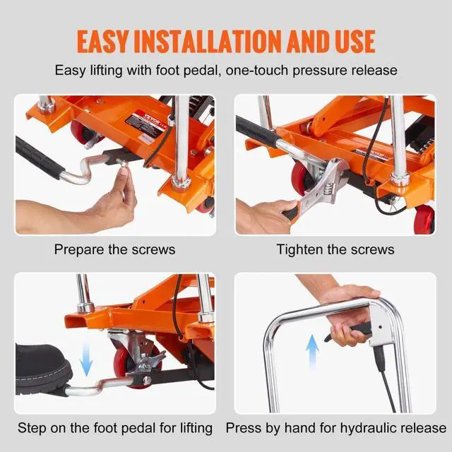 Alt view image 6 of 7 - VEVOR Hydraulic Lift Table Cart, 500lbs Capacity 28.5" Lifting Height, Manual Single Scissor Lift Table with 4 Wheels and Non-slip Pad, Hydraulic Scissor Cart for Material Handling, Orange
