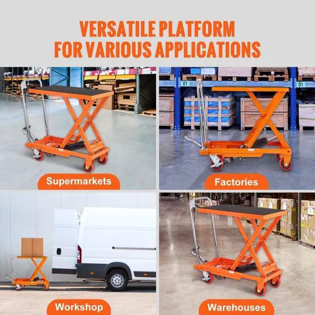 Alt view image 7 of 7 - VEVOR Hydraulic Lift Table Cart, 500lbs Capacity 28.5" Lifting Height, Manual Single Scissor Lift Table with 4 Wheels and Non-slip Pad, Hydraulic Scissor Cart for Material Handling, Orange