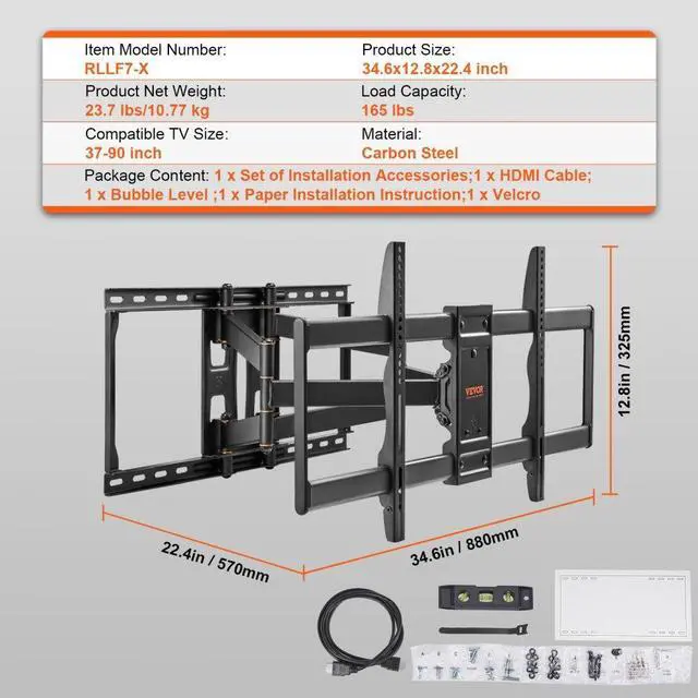 Alt view image 7 of 14 - VEVOR Full Motion TV Mount Fits for Most 37-90 inch TVs, Swivel Tilt Horizontal Adjustment TV Wall Mount Bracket with 4 Articulating Arms, Max VESA 600x400mm, Holds up to 165 lbs