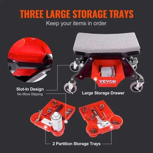Alt view image 4 of 7 - VEVOR Mechanics Stool, 300 LBS Capacity Rolling Mechanic Seat with 4" Wheels, with Three Slide Out Tool Trays and Drawer, Heavy Duty Roller Creeper Seat for Home Garage DIY Automotive