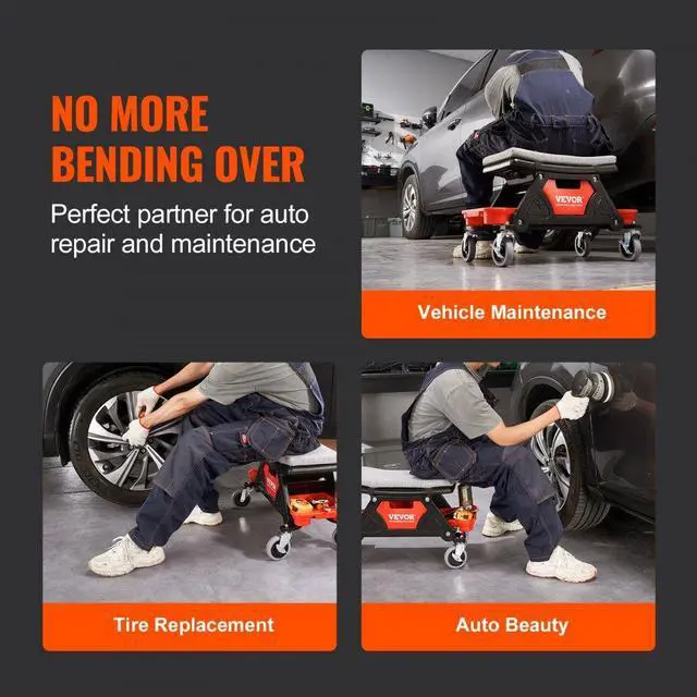 Alt view image 6 of 7 - VEVOR Mechanics Stool, 300 LBS Capacity Rolling Mechanic Seat with 4" Wheels, with Three Slide Out Tool Trays and Drawer, Heavy Duty Roller Creeper Seat for Home Garage DIY Automotive