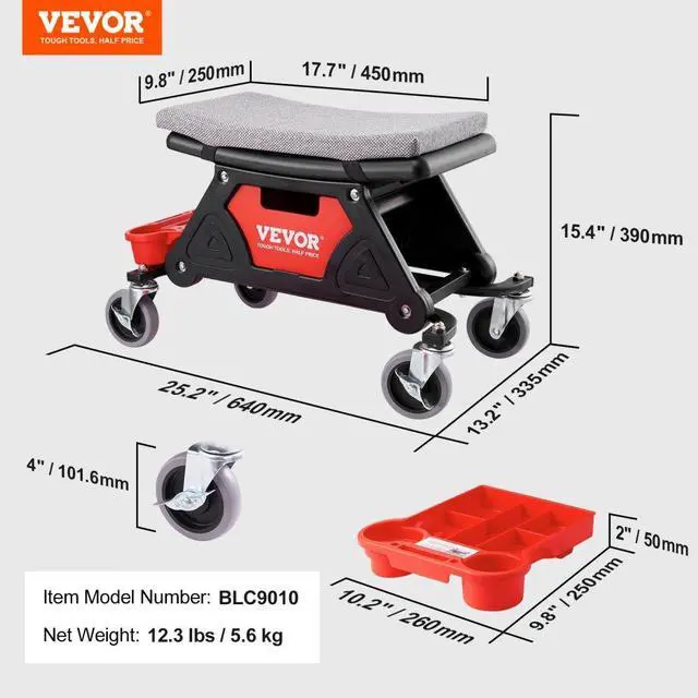 Alt view image 7 of 7 - VEVOR Mechanics Stool, 300 LBS Capacity Rolling Mechanic Seat with 4" Wheels, with Three Slide Out Tool Trays and Drawer, Heavy Duty Roller Creeper Seat for Home Garage DIY Automotive