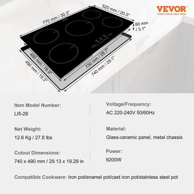 Alt view image 7 of 10 - VEVOR Electric Cooktop, 5 Burners, 30'' Induction Stove Top, Built-in Magnetic Cooktop 9200W, 9 Heating Level Multifunctional Burner, LED Touch Screen w/Child Lock & Over-Temperature Protection