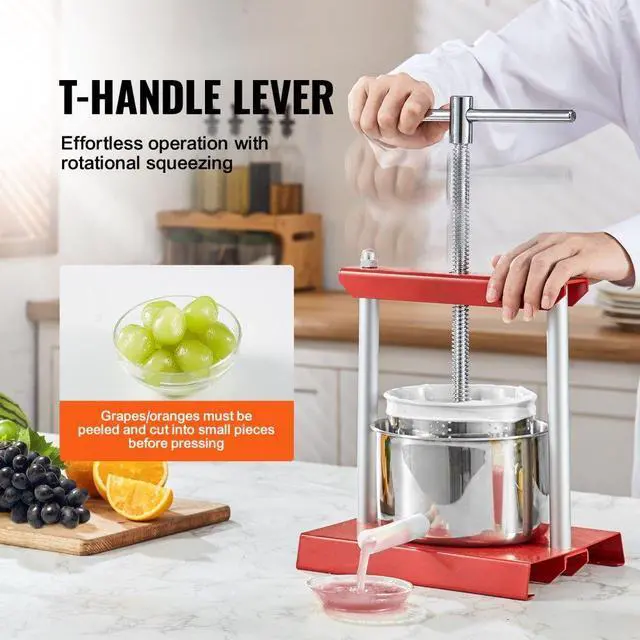 Alt view image 3 of 7 - VEVOR Fruit Wine Press, 1.6 Gallon/6L, 2 Stainless Steel Barrels, Manual Juice Maker, Cider Apple Grape Tincture Vegetables Honey Olive Oil Making Press with T-Handle for Outdoor, Kitchen, and Home
