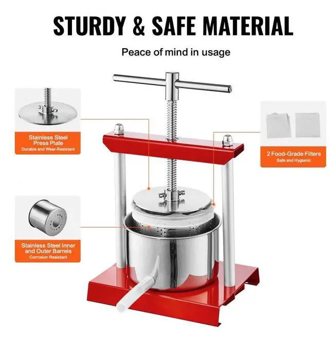Alt view image 4 of 7 - VEVOR Fruit Wine Press, 1.6 Gallon/6L, 2 Stainless Steel Barrels, Manual Juice Maker, Cider Apple Grape Tincture Vegetables Honey Olive Oil Making Press with T-Handle for Outdoor, Kitchen, and Home