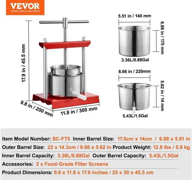 Alt view image 7 of 7 - VEVOR Fruit Wine Press, 1.6 Gallon/6L, 2 Stainless Steel Barrels, Manual Juice Maker, Cider Apple Grape Tincture Vegetables Honey Olive Oil Making Press with T-Handle for Outdoor, Kitchen, and Home