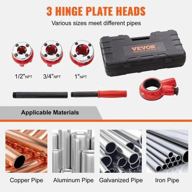 Alt view image 2 of 7 - VEVOR Ratchet Pipe Threader Kit, 1/2" NPT, 3/4" NPT, 1" NPT Manual Ratcheting Pipe Threader, Portable Pipe Threading Tool Set with 3PCS NPT Dies, Storage Case for Galvanized Aluminum Iron Copper Pipes