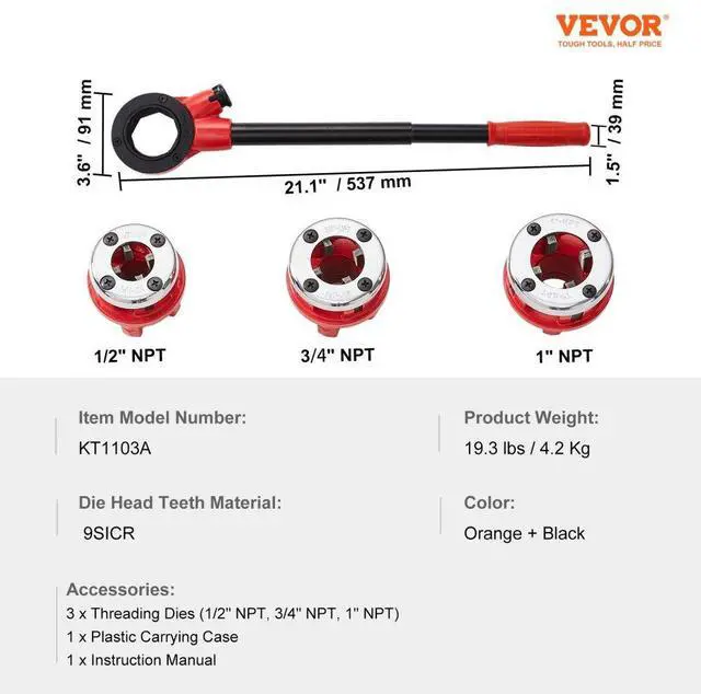 Alt view image 7 of 7 - VEVOR Ratchet Pipe Threader Kit, 1/2" NPT, 3/4" NPT, 1" NPT Manual Ratcheting Pipe Threader, Portable Pipe Threading Tool Set with 3PCS NPT Dies, Storage Case for Galvanized Aluminum Iron Copper Pipes