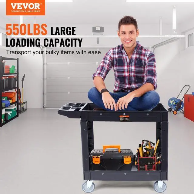 Alt view image 2 of 7 - VEVOR Utility Service Cart, 2 Shelf 550LBS Heavy Duty Plastic Rolling Utility Cart with 360° Swivel Wheels, Medium Lipped Shelf, Ergonomic Storage Handle for Warehouse/Garage/Cleaning/Office